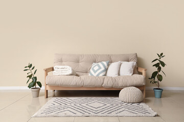 Cozy sofa, houseplants and pouf in interior of living room