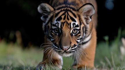 Fototapeta premium Close-up of a curious, alert tiger cub
