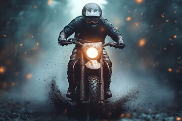 Fototapeta premium Motorcyclist riding a dirt bike through muddy water and sparks