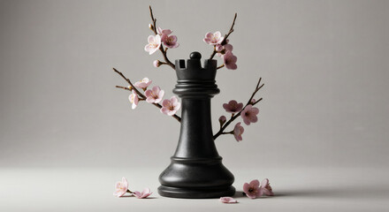 Fototapeta premium A black rook from a chess set is decorated with delicate, pink cherry blossom branches.