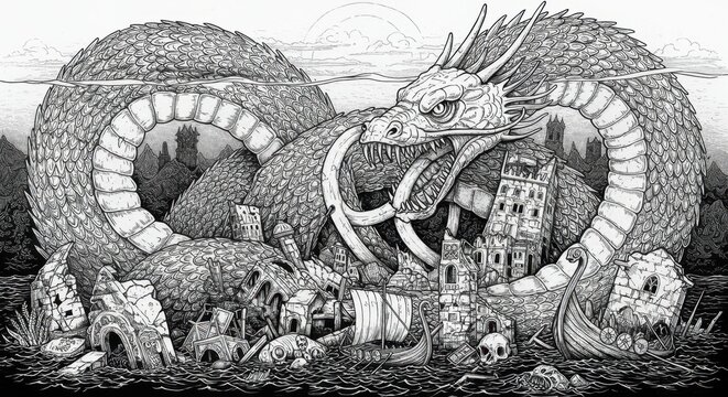 Jormungandr Coiling Around a Sunken Viking City