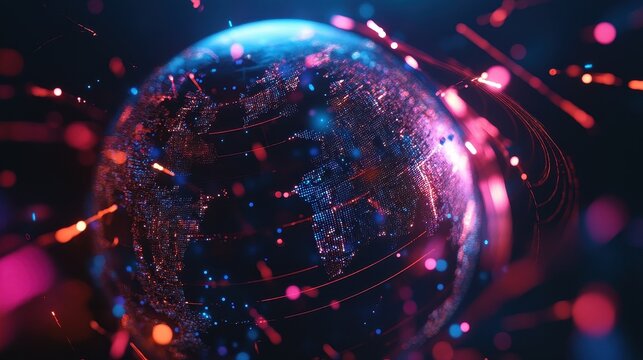 Holographic globe with network nodes, world connection, international business.