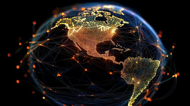 Holographic globe with network nodes, world connection, international business.