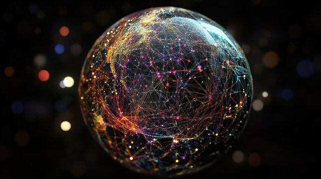 Holographic globe with network nodes, world connection, international business.