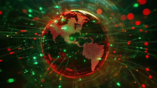 Holographic globe with network nodes, world connection, international business.