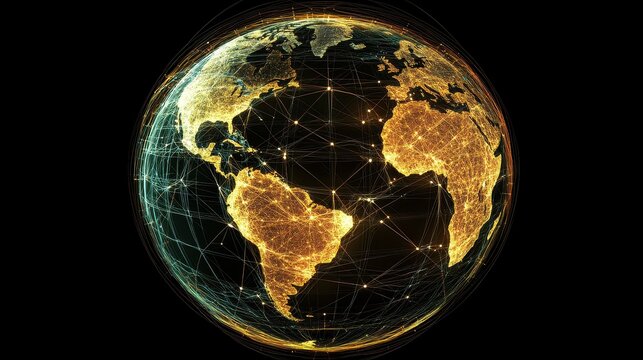 Holographic globe with network nodes, world connection, international business.