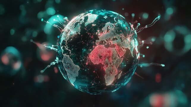 Holographic globe with network nodes, world connection, international business.