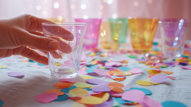 Hand reaching for a clear cup surrounded by colorful confetti  