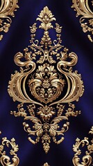 Ornate gold damask pattern on dark blue fabric
