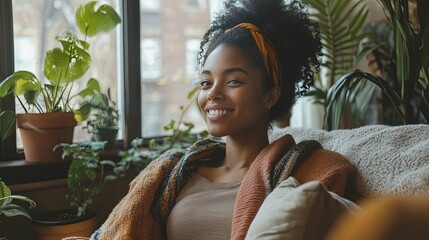Relaxed young woman smiles warmly inside a cozy home.