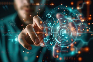 Close-up of a person interacting with a futuristic digital interface displaying circular data visualizations and icons in a high-tech setting with glowing blue and orange elements