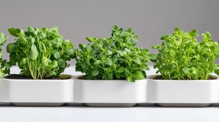 Fototapeta premium Fresh green herbs growing in a white modern planter against a neutral grey background.