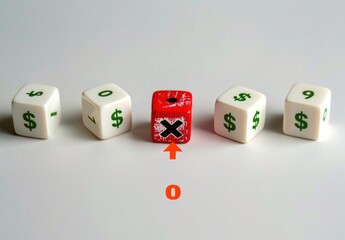 five dice arranged in a row with four white dice showing dollar signs and one red die in the center marked with a black cross and a red arrow pointing to it, symbolizing contrast or selection