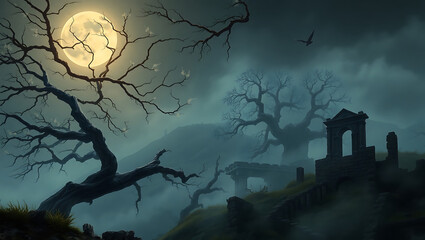 Fototapeta premium Haunted Forest Ruins Under a Moonlit Sky: A Spooky Nighttime Mystical Landscape
