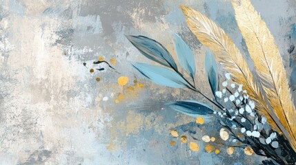 Abstract leaves and feathers, grey background