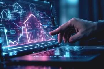 Hand interacting with futuristic holographic real estate interface displaying glowing house icons and financial data over a laptop keyboard in a dark environment