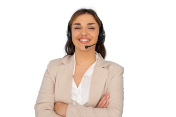 Confident female call center agent smiling with arms crossed, wearing headset, providing customer service on transparent background