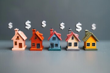 Row of five small colorful toy houses with dollar signs floating above them on a gray background representing real estate value and financial investment
