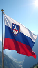 Breathtaking HD Slovenia flag waving powerfully, tricolor and mountain emblem shining under Alpine sunlight. Stunning nature-inspired display.