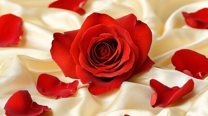 A vibrant red rose rests on a bed of flowing cream silk, surrounded by scattered petals