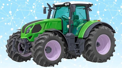 Obraz premium Green tractor on blue background, agricultural machinery, farming vehicle, powerful wheels