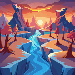 A serene illustration of a river winding through a majestic mountain range under a clear blue sky.