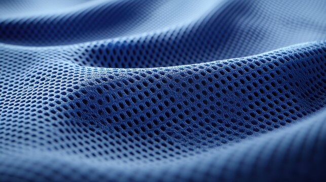 Blue, wavy, perforated fabric texture close up background