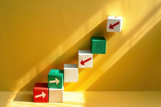 stacked colorful wooden blocks arranged diagonally with painted arrows against a bright yellow background, casting sharp shadows, conveying direction and movement