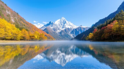 Obraz premium Mountain Lake Autumnal Reflections Vivid Landscape High-resolution Wide Angle Misty Serenity Peaceful Scene Vibrant Colors Ideal for Travel Brochures extra details included