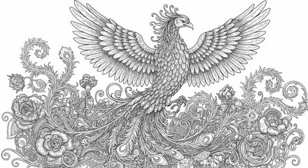 Fototapeta premium Phoenix Rising from Mystical Flowers