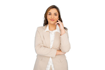 Studio portrait of a businesswoman smiling and touching her face, conveying confidence and professionalism, on a transparent background