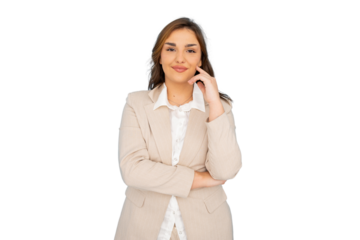 Studio portrait of a businesswoman smiling and touching her face, conveying confidence and professionalism, on a transparent background