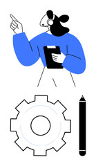 Female agent gesturing, holding clipboard with headset, gear symbolizing process, pencil for creativity. Ideal for customer service, teamwork, planning, communication, creative thinking technology