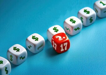line of white dice with green dollar signs surrounding a single red die showing number seventeen and a question mark on blue surface, representing uncertainty in financial decisions