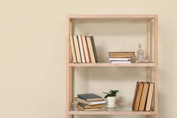 Shelving unit with books, human figure and houseplant near beige wall. Closeup
