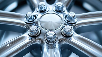 Car wheel, close-up. Shiny chrome finish, bolts visible