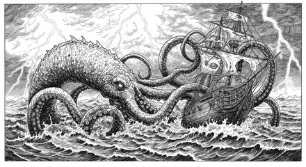 Kraken Attacking Ghost Ship in Stormy Seas