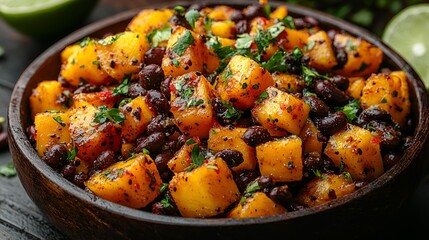 Roasted butternut squash and black beans in a wooden bowl.
