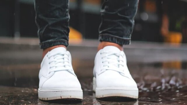The video shows a pair of feet wearing white shoes in the rain.