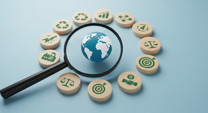 Entrepreneurship, startup, corporate globe under a magnifying glass surrounded by sustainability icon wooden circles on a light blue surface