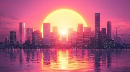 Obraz premium Cityscape Sunset Vibrant Urban Skyline at Golden Hour