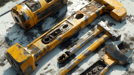 3d rendered industrial tools: meticulously crafted hammer, screwdriver, and wrench on a white. Reality Hammer. Illustration