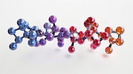 3d rendering of a colorful molecular structure model with interconnected shiny spheres in blue, purple, red, and orange tones on a white background