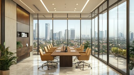 Fototapeta premium Modern office meeting, city view