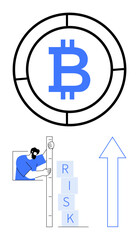 Bitcoin symbol, person measuring risk blocks, large upward arrow indicating growth. Ideal for cryptocurrency, fintech, investment strategies, risk management, innovation, market trends simple