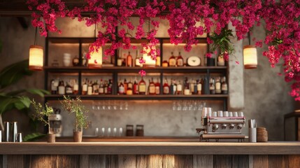 Tropical bar, flowers, drinks, shelves, cafe
