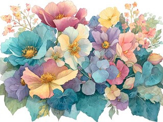 Colorful watercolor flower illustration with soft tones of bright colors on a white background