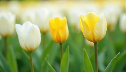 Lone yellow tulip amongst white tulips, isolated , yellow tulip, vibrant, studio shot