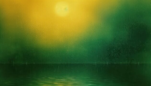 calm serene landscape with bright sun glowing over dark green misty water under yellow-green sky evoking peaceful and tranquil mood