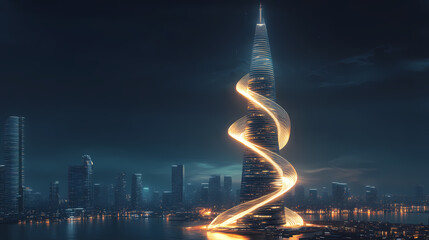 Obraz premium Futuristic spiral skyscraper illuminated in a glowing modern cityscape high resolution picture. Thought Spiral. Illustration